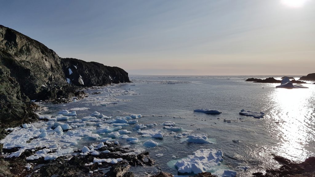 Neufundland Abendstimmung am Meer mit Eisberg bei Sonnenuntergang